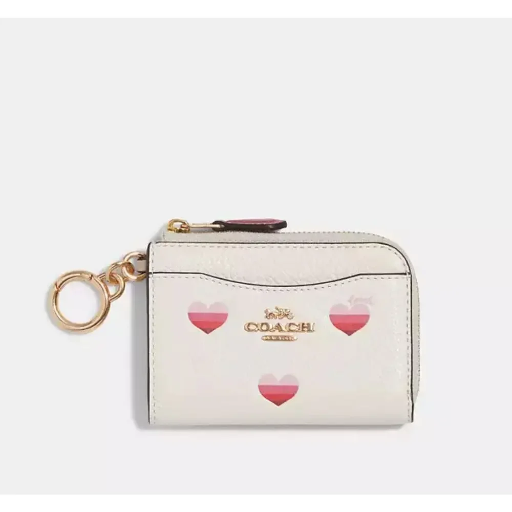 Coach Ivory Leather Zip Card Case with Pink Heart Motif